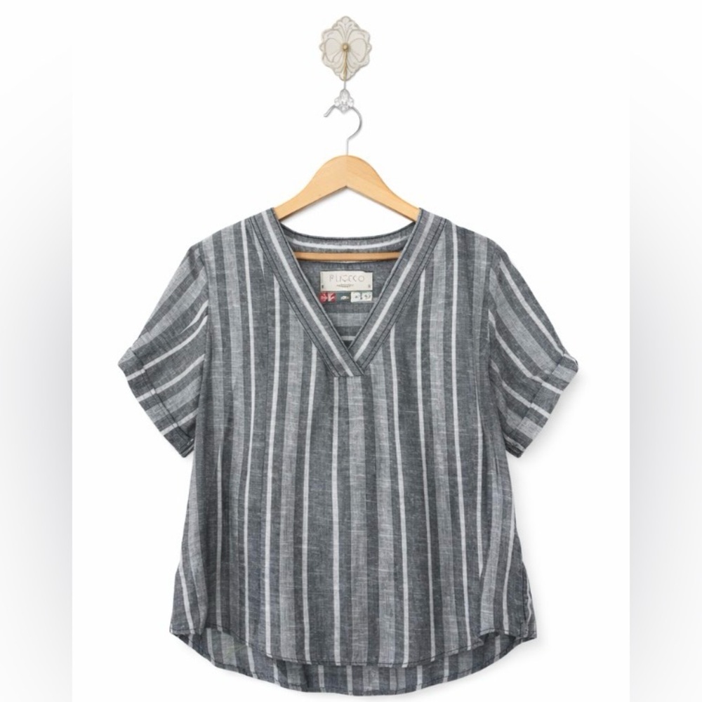 Pilcro by Anthropologie Gray Striped Linen Blend V-Neck Gauze Blouse XS